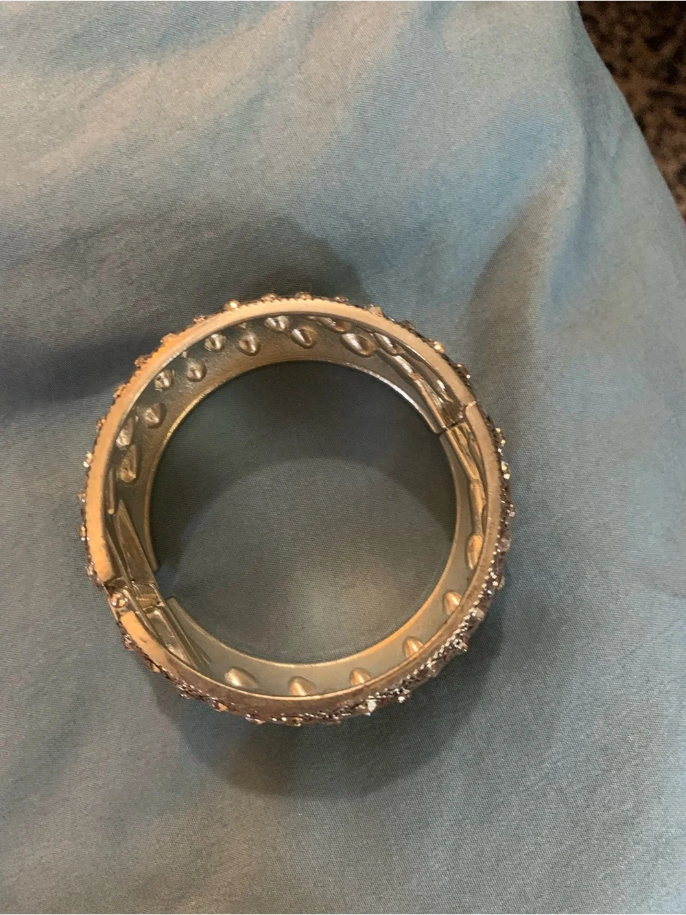 Retro Silver Metal Clear Diamanté Crystal Hinged Dome Bangle Bracelet